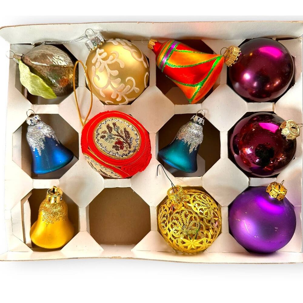 Set of 11 MCM Vintage Glass Christmas Ornaments Bell Gold Filigree Lemon HD